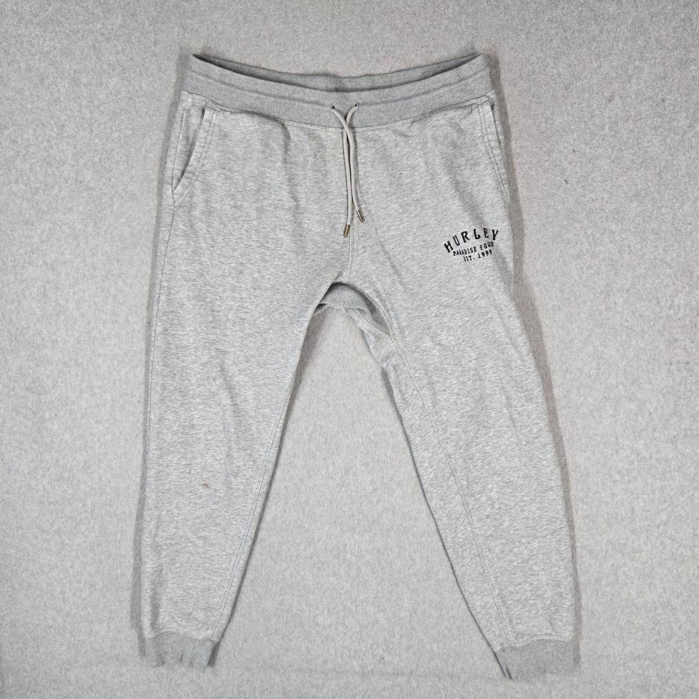 Hurley Men Activewear Pants L Gray Joggers Fleece Logo Pockets 28" Inseam READ